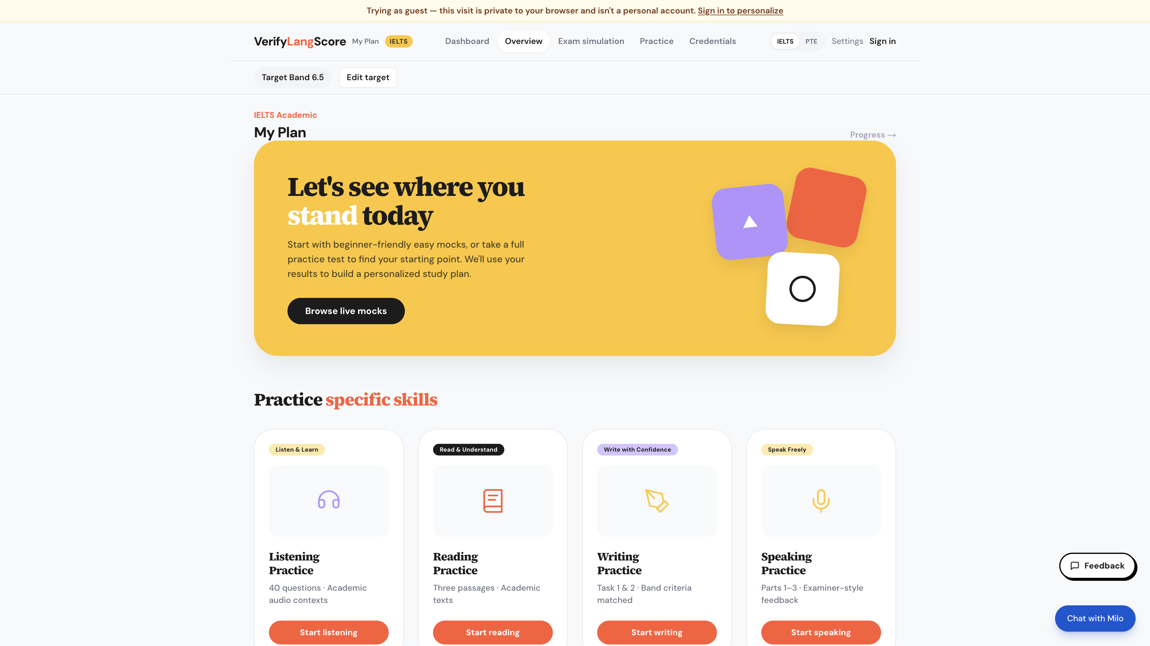 Live IELTS Academic workspace — mock tests plus listening, reading, writing, and speaking practice