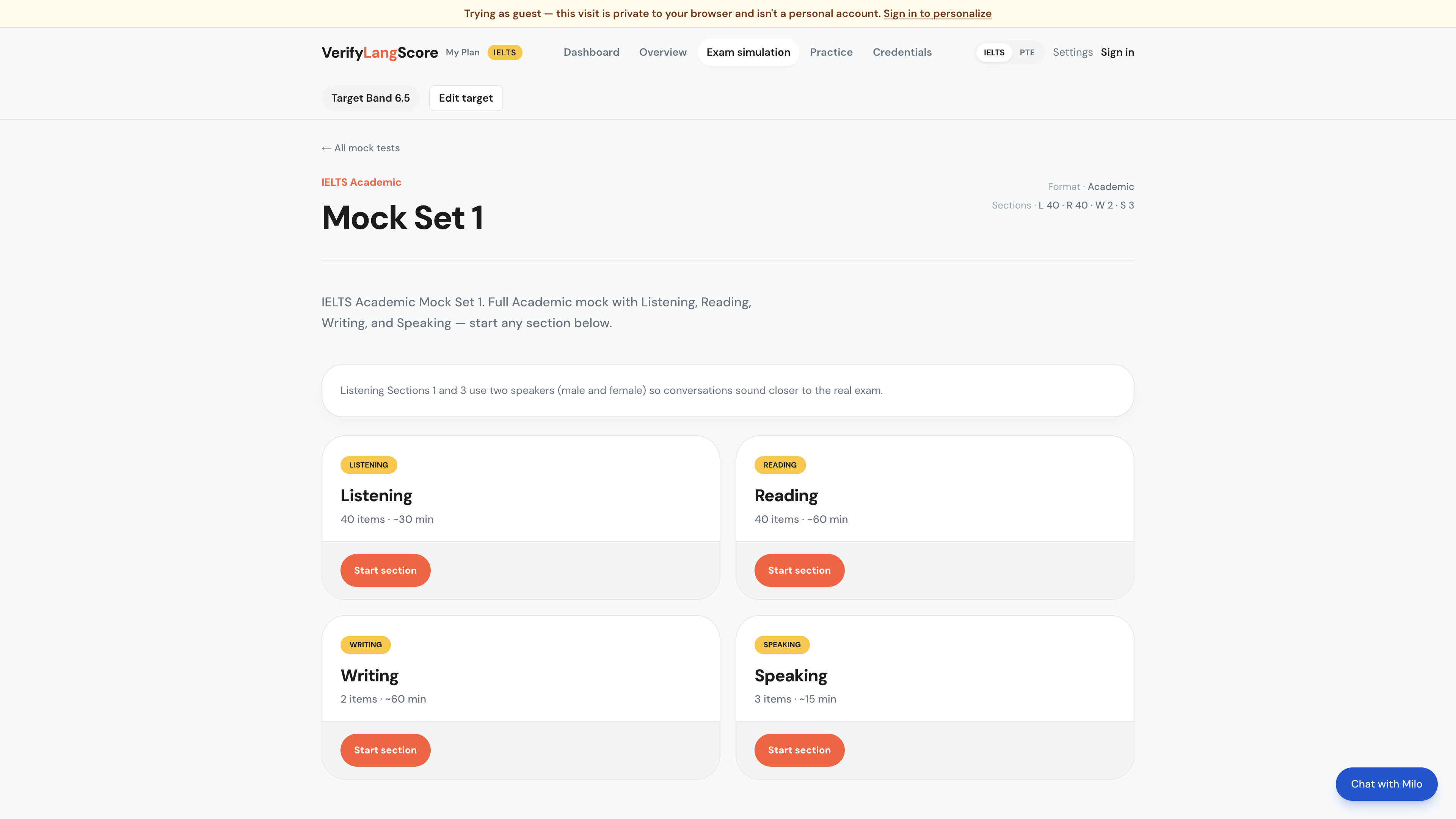 Live IELTS Academic mock set with Listening, Reading, Writing, and Speaking sections ready to start