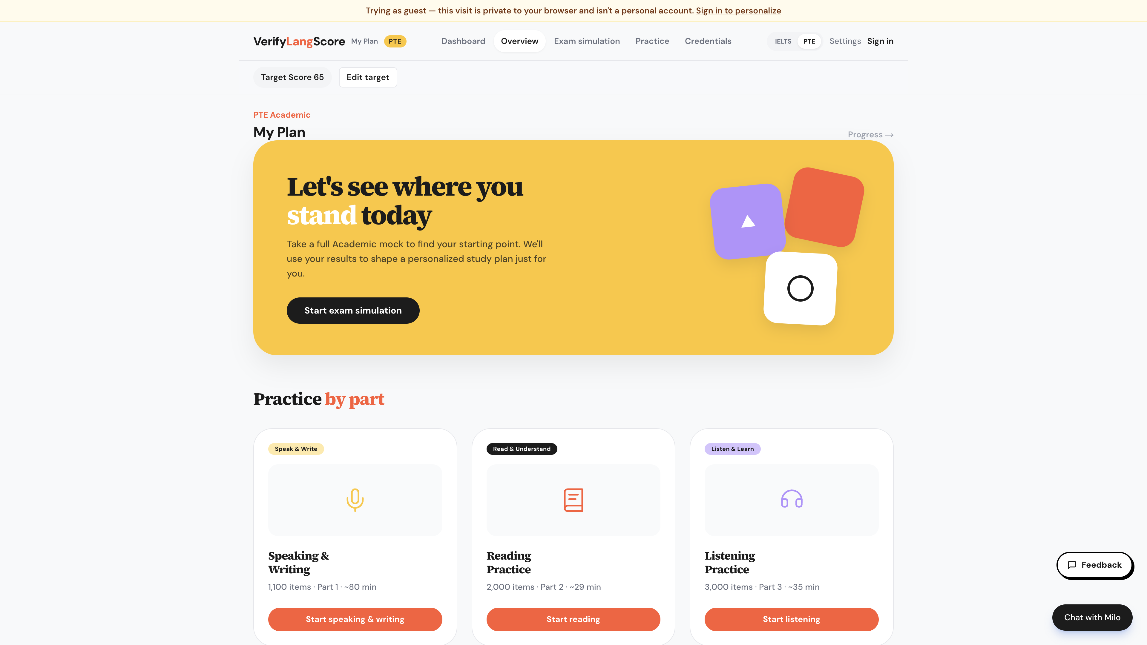 Live PTE Academic workspace — My Plan, exam simulation, and practice by part